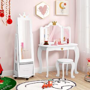 Costway Armadio gioielli per bambini con base girevole, Specchio da trucco per bambini con spazio di stoccaggio Bianco