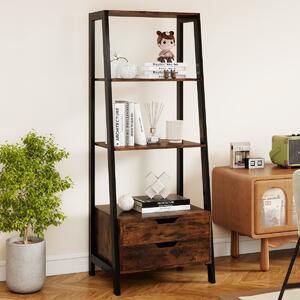 Costway Libreria a scala con cassetti per camera da letto ufficio a casa, Alto scaffale autoportante con 4 ripiani aperti e 2 cassetti Marrone