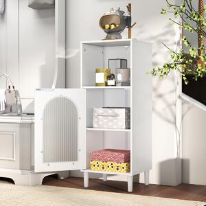 Costway Armadietto da bagno con anta in vetro temperato, Mobile laterale in legno con ripiano regolabile e kit anti-ribaltamento Bianco
