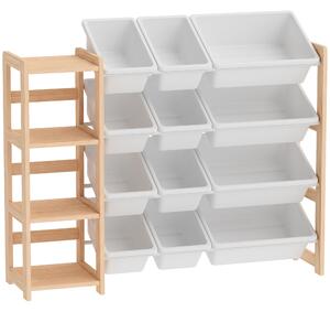 AIYAPLAY Mobile Portagiochi Con 12 Contenitori e 3 Mensole, Legno Naturale Bianco | Aosom Italy