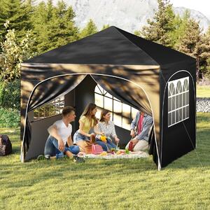Costway Tenda gazebo richiudibile con 4 pareti rimovibili 3x3 m borsa con ruote, Riparo sole da spiaggia pieghevole Nero