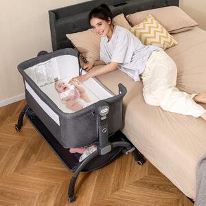 Costway Lettino affiancato con regolazione in altezza a 7 livelli per neonati, Culla co-sleeper per bambini cesto portaoggetti Grigio