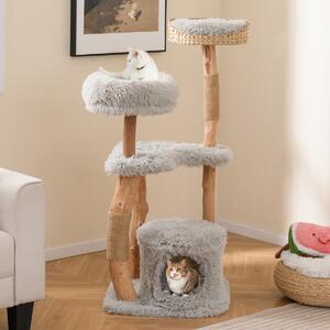 Costway Torre per gatti in legno massello con pali di corda di juta nicchia per gatti, Albero per gatti in legno alto 124 CM Grigio