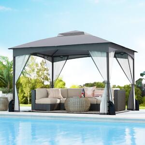 Costway Gazebo da patio tetto morbido a doppia copertura con 4 sacchetti di sabbia, Gazebo da patio 3 x 3,6 m per prato giardino all'aperto Grigio