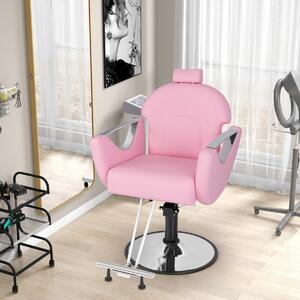 Costway Sedia da salone reclinabile con altezza regolabile e poggiatesta, Sedia girevole a 360° con pompa idraulica per parrucchieri Rosa