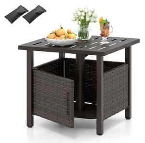 Costway Tavolo da patio in vimini PE a tutto clima con struttura antiruggine per giardino, Tavolino da esterno con foro per ombrellone Marrone