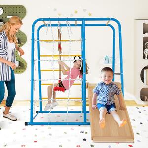 Costway Set da arrampicata di metallo montessori 6 in 1 con scivolo altalena sbarre, Parco giochi da interno per bambini Blu