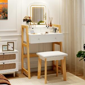 Costway Tavolo da trucco con luci LED a 3 colori gambe in legno di pino e altezza regolabile, Set da toeletta con specchio illuminato Bianco