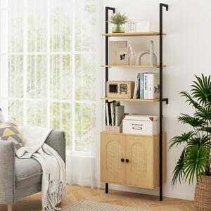 Costway Libreria scala armadietto scaffale a scala a parete con ripiano regolabile, Libreria a 3 livelli con armadietto in rattan Legno naturale
