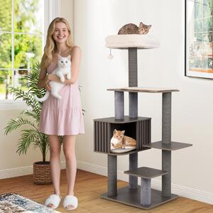 Costway Mobile per arrampicata per gattini in legno con palla pompom appesa, Albero per gatti a 6 livelli da interno per gatti alta 151 cm Grigio