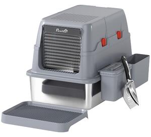 Lettiera Gatto Chiusa 3 in 1 Grande 49 L 58x37,5x39 cm con Coperchio Paletta Pedana e 2 Contenitori in Acciaio Inox Grigio