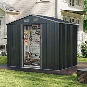 Costway Ampio portattrezzi con tetto spiovente e porte scorrevoli base a pavimento, Capanno da giardino esterno 4 prese d'aria Grigio scuro