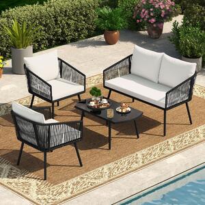 Costway Set bistrò da conversazione in corda PE intrecciata con cuscini e tavolino, Set di mobili da giardino a 4 pezzi in vetro temperato Nero