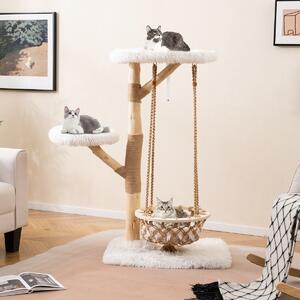 Costway Grande torre per gattini con amaca altalena rami di legno reale di juta, Albero moderno per gatti centro di attività interno Naturale