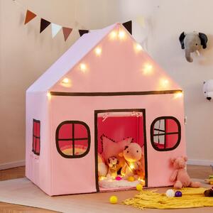 Costway Tenda da gioco per bambini con tenda porta e finestre e luci a stella, Tenda da interno per bambini e bambine 3-10 anni Rosa