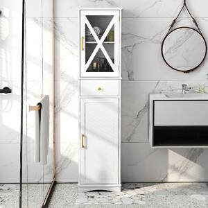 Costway Armadio da bagno alto con cassetto per soggiorno e ufficio, Armadietto stretto in legno per cucina Bianco