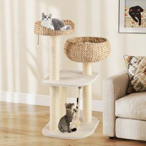 Costway Albero per gatti da interno con trespoli in sisal naturale, Lettini a forma di cesto con pallina appesa Bianco