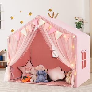 Costway Tenda da gioco per bambini con tende in tessuto e rete luci a stella materassino in cotone, Grande casa da gioco Rosa