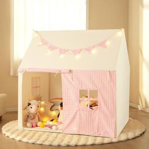Costway Tenda da gioco per bambini con tappetino imbottito 2 finestre traspiranti e 2 tasche, Casetta tenda da gioco Rosa