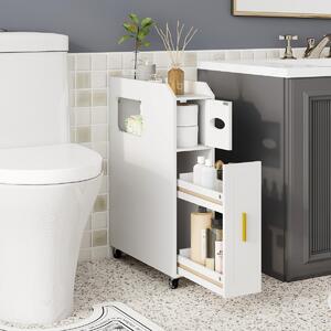 Costway Organizzatore da 16 cm stretto e slim con portascopino e ruote con freno, Mobiletto da bagno piccolo per spazi ridotti Bianco