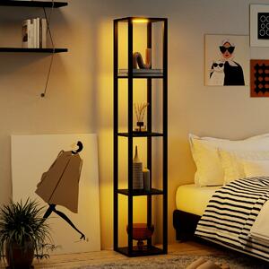 Costway Lampada da terra con ripiani a 4 livelli e luci LED dimmerabili a 3 vie, Lampada da scaffale moderna in legno Nero
