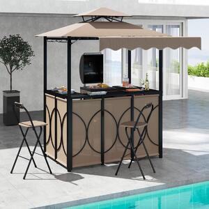 Costway Set da giardino BBQ all'aperto 3 pezzi con tavolo bar e 2 sgabelli bar pieghevoli, Gazebo per grill con tettoia piscina Marrone