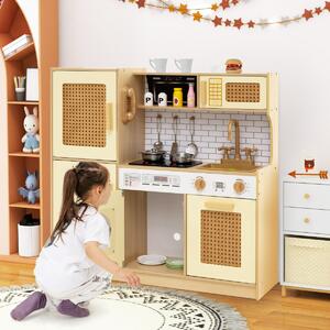 Costway Set cucina giocattolo per bambini con accessori ricchi e ante in rattan, Cucina in legno ideale per bambini da 3+ anni Giallo