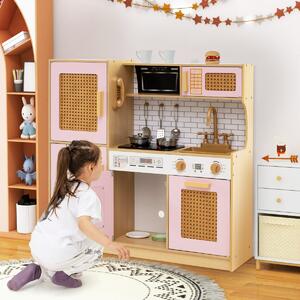 Costway Set cucina giocattolo per bambini con accessori ricchi e ante in rattan, Cucina in legno ideale per bambini da 3+ anni Rosa