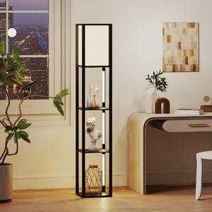 Costway Lampada a mensola in legno con 3 strisce LED e paralume con luce e interruttore a pedale, Lampada da terra moderna con scaffali Nero