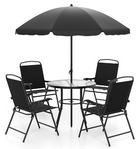 Costway Tavolo e sedie da esterno con 4 poltrone pieghevoli e tavolo rotondo in vetro temperato, Set da pranzo da giardino a 6 pezzi con ombrellone Nero