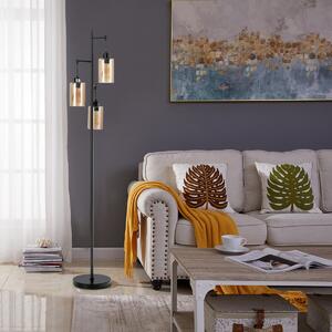 Costway Lampada da lettura retrò con paralume in vetro ambrato a 3 teste sospese, Lampada da terra per soggiorno da letto Nero