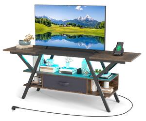 Costway Mobile porta TV centro di intrattenimento a 3 livelli con luci LED e prese di corrente, Mobile porta TV per televisori da 65" Marrone