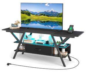 Costway Mobile porta TV centro di intrattenimento a 3 livelli con luci LED e prese di corrente, Mobile porta TV per televisori da 65" Nero