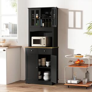 Costway Mobile dispensa da cucina autoportante con piano in legno regolabile, Credenza e 2 cassetti con ante in vetro Nero