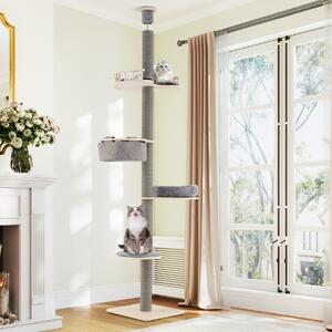 Costway Albero per gatti da pavimento a soffitto con altezza regolabile 236-271 cm amaca, Torre in legno a 5 livelli con ripiano Grigio