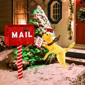 Costway Cassetta postale natalizia e cane con 120 luci LED bianco caldo, Decorazione festiva pre-illuminata con fascette