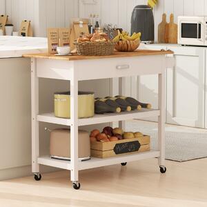 Costway Carrello di servizio a 3 livelli con piano in legno e 2 ripiani aperti, Isola da cucina con spazio di archiviazione Bianco