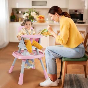 Costway Set tavolo e sedia multifunzionale con vassoio rimovibile e cintura, Seggiolone convertibile per bambini 16-in-1 Rosa