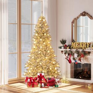 Costway Albero pre-illuminato con 65 sfere luminose 350 luci LED bianche calde, 210 cm albero di natale artificiale innevato Argento