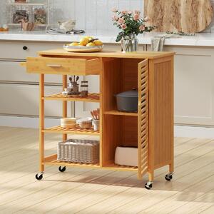Costway Carrello isola cucina in bambù con cassetto e 3 ripiani aperti, Tavolo cucina mobile per sala da pranzo Naturale