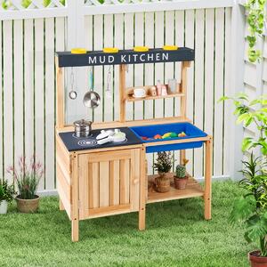 Costway Cucina da esterno per bambini da 3 a 8 anni 2 ripiani di stoccaggio, Cucina giocattolo in legno con lavello removibile Naturale