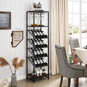 Costway Supporto per liquori con portabicchieri design anti-ribaltamento, Portabottiglie da vino indipendente a 7 livelli Nero