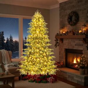 Costway Albero di natale pre-illuminato con 370 luci LED bianco caldo in metallo pieghevole, 210 cm albero di natale artificiale Verde