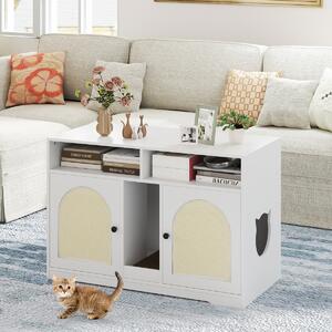 Costway Armadietto moderno per gatti con ripostiglio doppie stanze in legno da interno, Armadietto moderno 2 tappetini in sisal Bianco