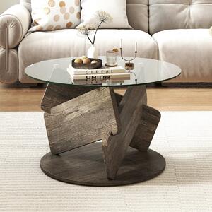 Costway Tavolino rustico con piano in vetro temperato trasparente gambe in legno e dimensioni 81 cm, Tavolino da caffè rotondo Grigio