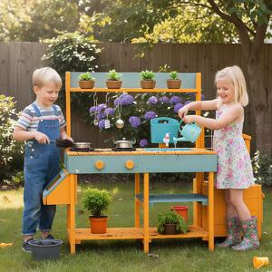 Costway Cucina da esterno in legno per bambini 3-8 anni con accessori realistici, Cucina da gioco con cassettiera per piante Giallo
