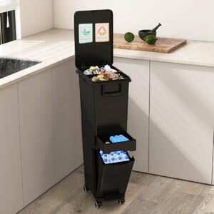 Costway Bidone di spazzatura con cestino inclinato con 2 scomparti superiori, Pattumiera con pedale in plastica per cucina Nero