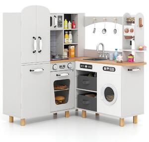 Costway Cucina giocattolo ad angolo per bambini set cucina in legno con frigorifero a doppia porta, Cucina giocattolo con contenitori in tessuto e 12 accessori Bianco