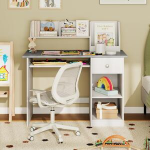 Costway Scrivania per bambini legno con vassoio per tastiera e cassetto, Scrivania per bambini libreria laterale e mensole superiori Grigio