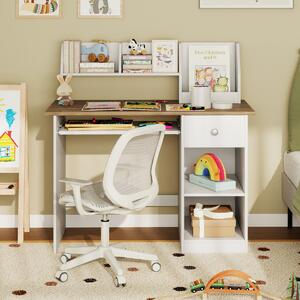 Costway Scrivania per bambini legno con vassoio per tastiera e cassetto, Scrivania per bambini libreria laterale e mensole superiori Legno Naturale